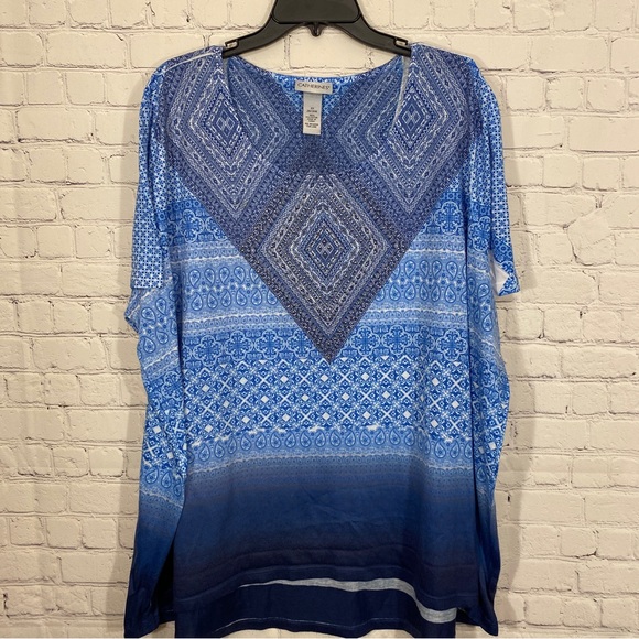 Catherines Womens Shirt 3X 26/28W Blue Round Neck Short Sleeve Bling Stretch Top - Picture 1 of 5
